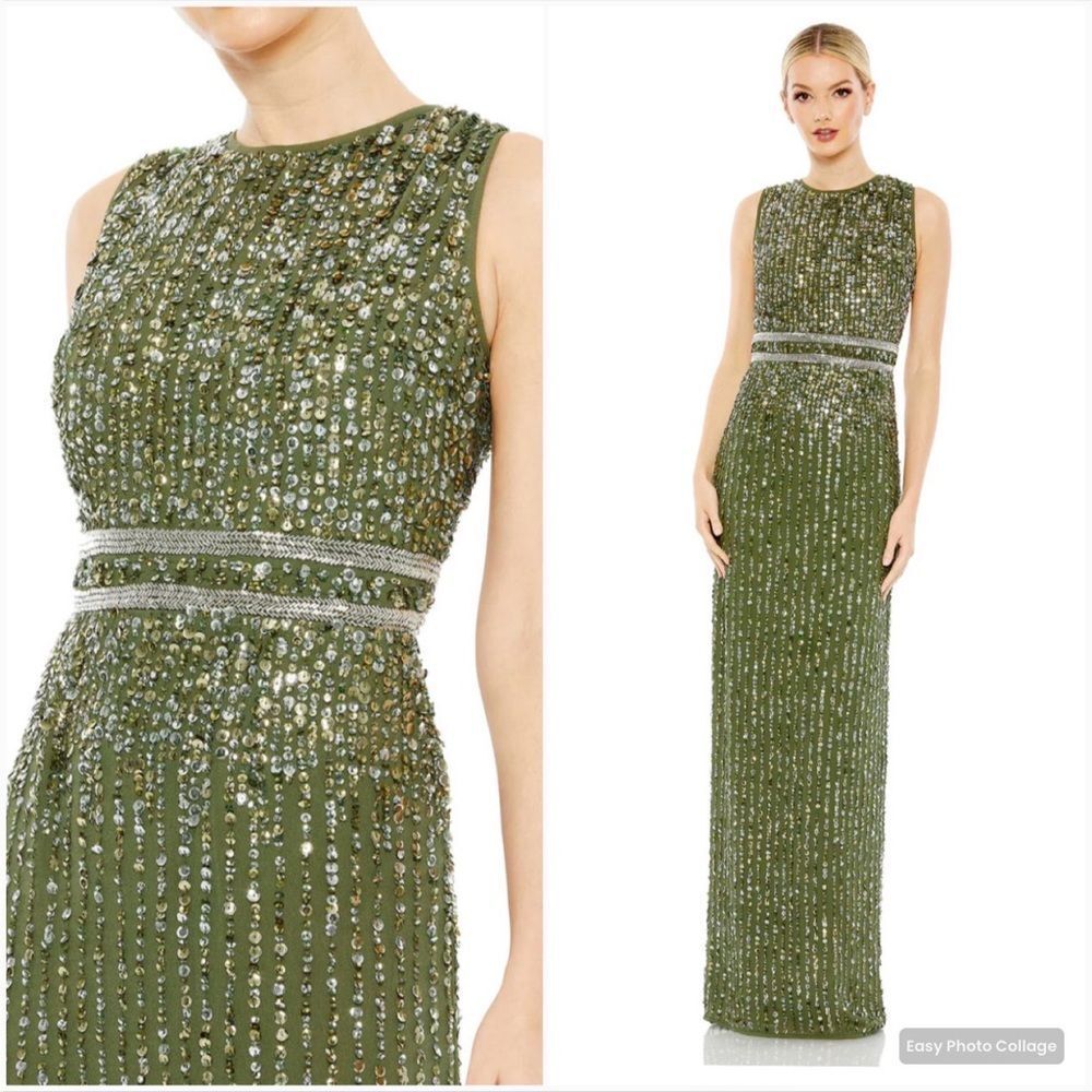 NWT Mac Duggal 93603 SEQUINED HIGH NECK SLEEVELESS COLUMN GOWN Olive Size 10